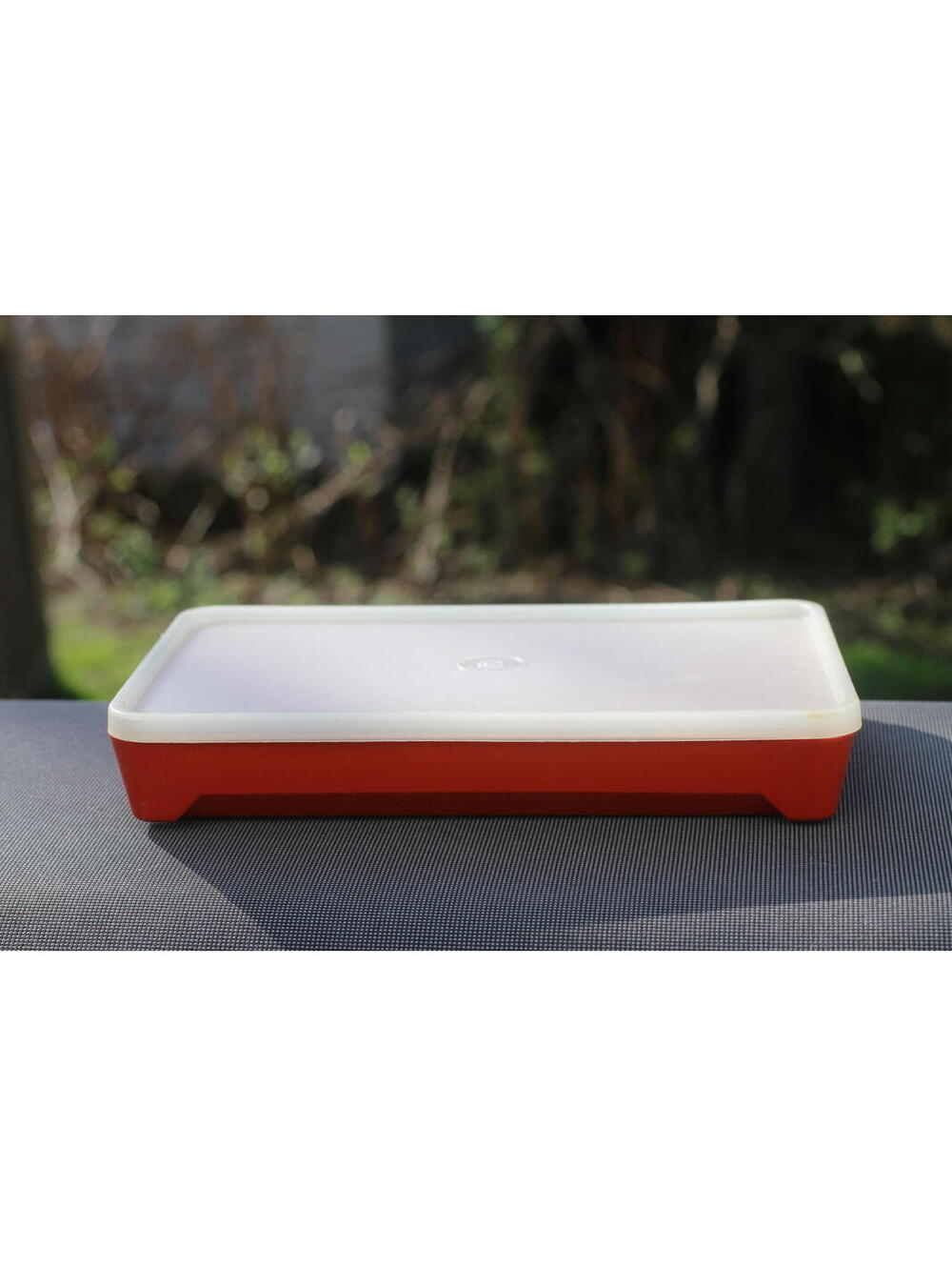 Vintage Tupperware 1292-1 Hot Dog Bacon Deli Meat Keeper Marinade w/Lid Red.